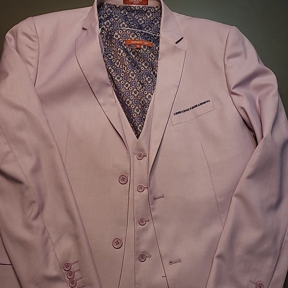 Statement Platinum Super 180s Wool Lavender Putple Blazer & Vest 42L Slim Fit
